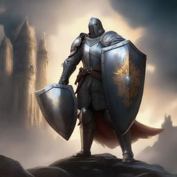 A heroic human paladin in shining armor, holding a large shield and a glowing sword