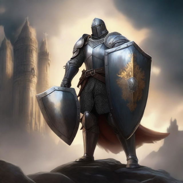 A heroic human paladin in shining armor, holding a large shield and a glowing sword