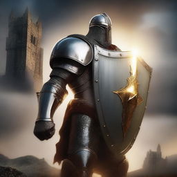 A heroic human paladin in shining armor, holding a large shield and a glowing sword