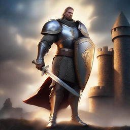 A heroic human paladin in shining armor, holding a large shield and a glowing sword