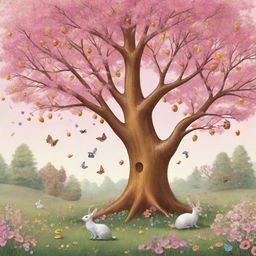 2D illustration featuring trees laden with candy for the little birds, flowing honey streams for the bees, and fragrant flowers enticing the rabbits.