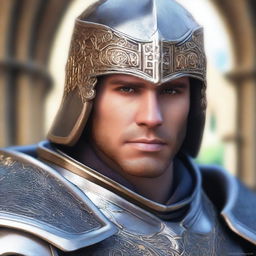 A close-up headshot of a human paladin, showcasing a determined expression