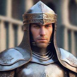 A close-up headshot of a human paladin, showcasing a determined expression