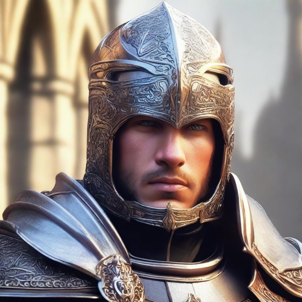 A close-up headshot of a human paladin, showcasing a determined expression