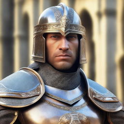 A close-up headshot of a human paladin, showcasing a determined expression