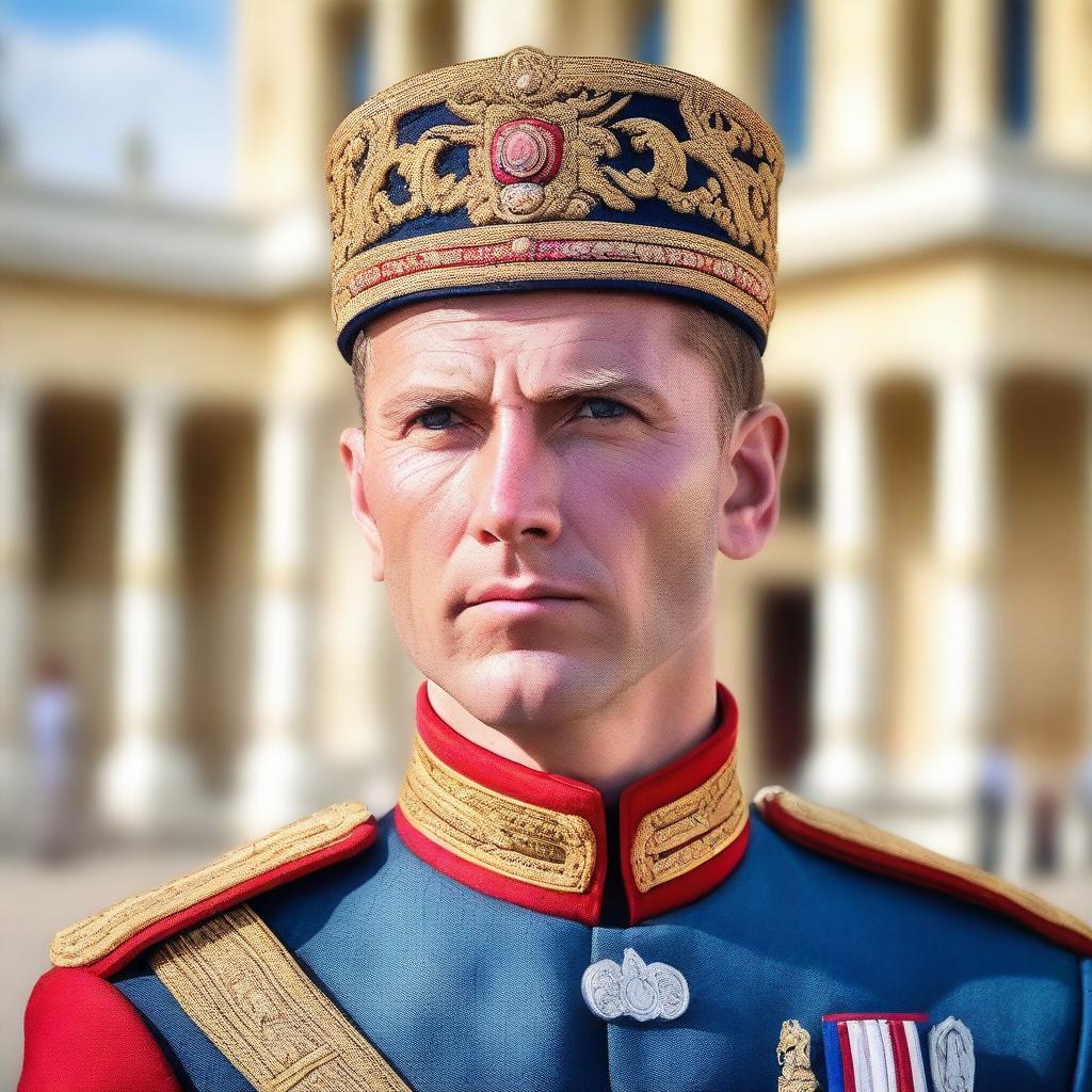 A close-up headshot of a human royal guard without a helmet, showcasing a serious and vigilant expression