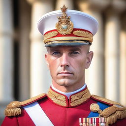 A close-up headshot of a human royal guard without a helmet, showcasing a serious and vigilant expression