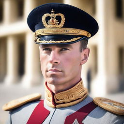 A close-up headshot of a human royal guard without a helmet, showcasing a serious and vigilant expression