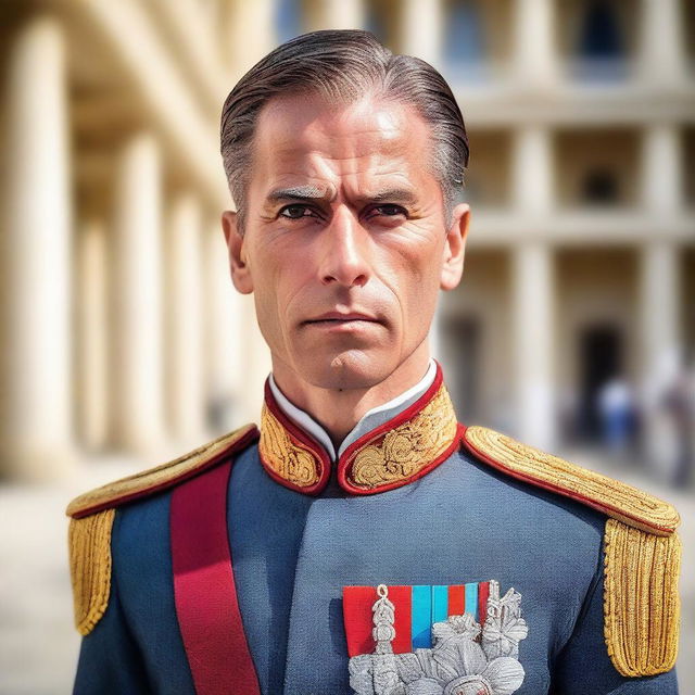 A close-up headshot of a human royal guard without a helmet, showcasing a serious and vigilant expression