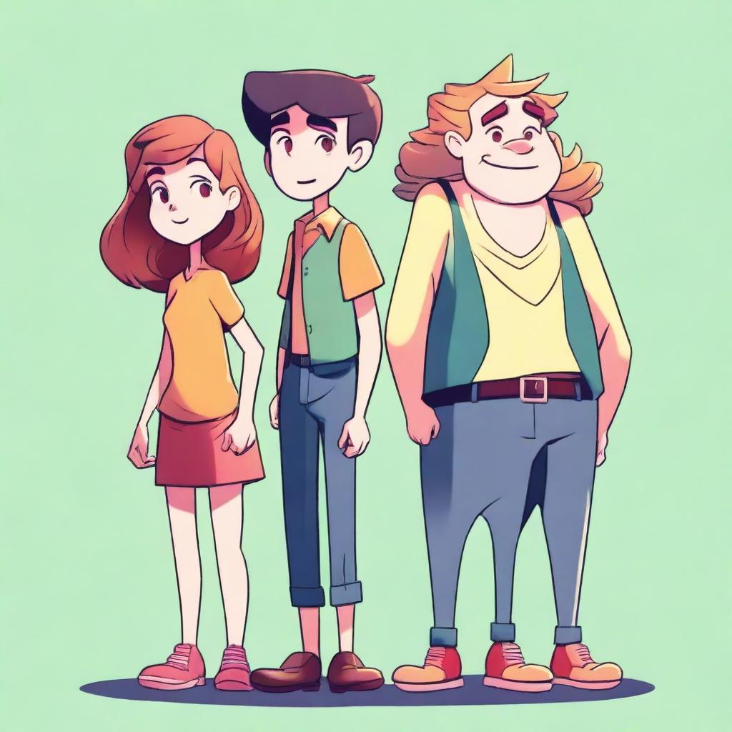 Three characters standing side by side in a slightly cartoonish look