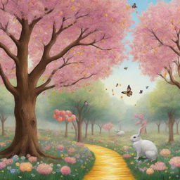 2D illustration featuring trees laden with candy for the little birds, flowing honey streams for the bees, and fragrant flowers enticing the rabbits.