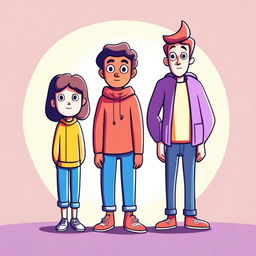 Three characters standing side by side in a slightly cartoonish look