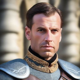 A detailed headshot of a medieval human royal guard without a helmet, showcasing a stern and vigilant expression