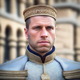 A detailed headshot of a medieval human royal guard without a helmet, showcasing a stern and vigilant expression