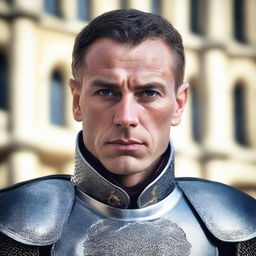 A detailed headshot of a medieval human royal guard without a helmet, showcasing a stern and vigilant expression