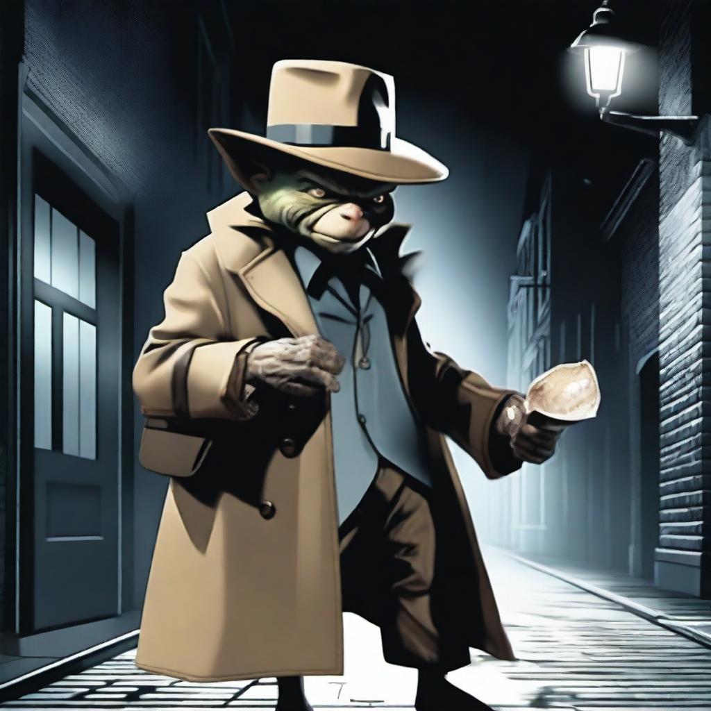 A goblin dressed as a detective, wearing a trench coat and a fedora hat, holding a magnifying glass, investigating a crime scene in a dark alley with dim streetlights