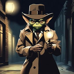 A goblin dressed as a detective, wearing a trench coat and a fedora hat, holding a magnifying glass, investigating a crime scene in a dark alley with dim streetlights