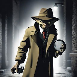 A goblin dressed as a detective, wearing a trench coat and a fedora hat, holding a magnifying glass, investigating a crime scene in a dark alley with dim streetlights