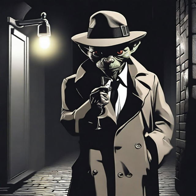 A goblin dressed as a detective, wearing a trench coat and a fedora hat, holding a magnifying glass, investigating a crime scene in a dark alley with dim streetlights