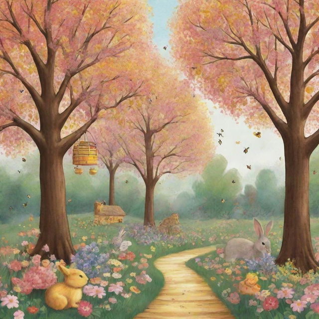 2D illustration featuring trees laden with candy for the little birds, flowing honey streams for the bees, and fragrant flowers enticing the rabbits.