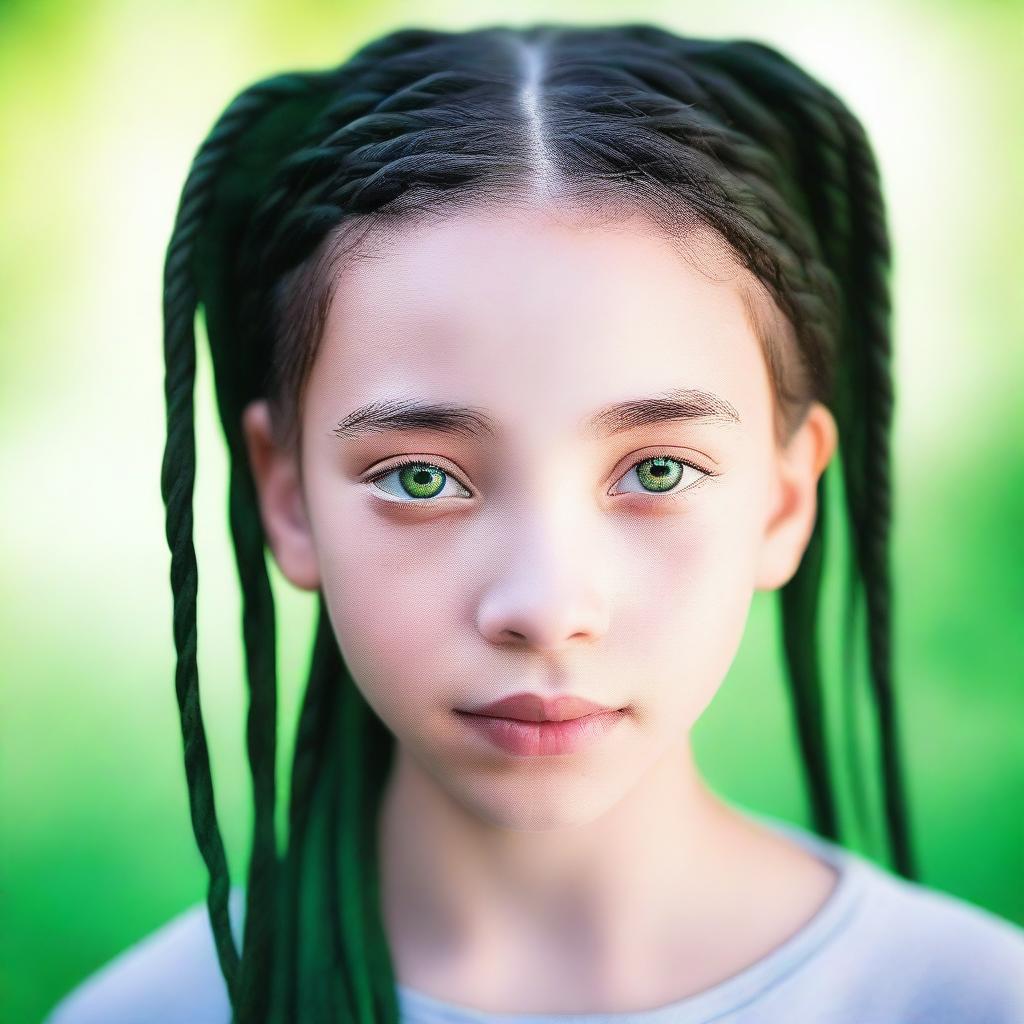 A portrait of a girl with long black braids and striking green eyes