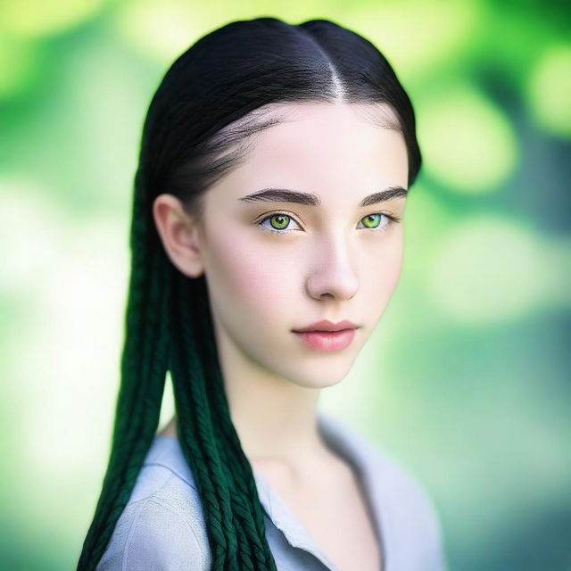 A portrait of a girl with long black braids and striking green eyes