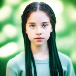 A portrait of a girl with long black braids and striking green eyes