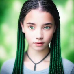 A portrait of a girl with long black braids and striking green eyes