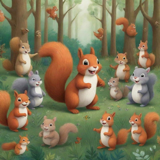 2D illustration showing a cheerful squirrel amidst a throng of joyous woodland animals, all laughing and frolicking in a verdant forest.