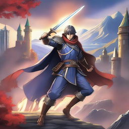 A dynamic image of a Fire Emblem swordsman in a battle-ready pose