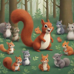 2D illustration showing a cheerful squirrel amidst a throng of joyous woodland animals, all laughing and frolicking in a verdant forest.