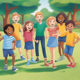 A lively scene featuring seven friends, with five boys and two girls, enjoying their time together