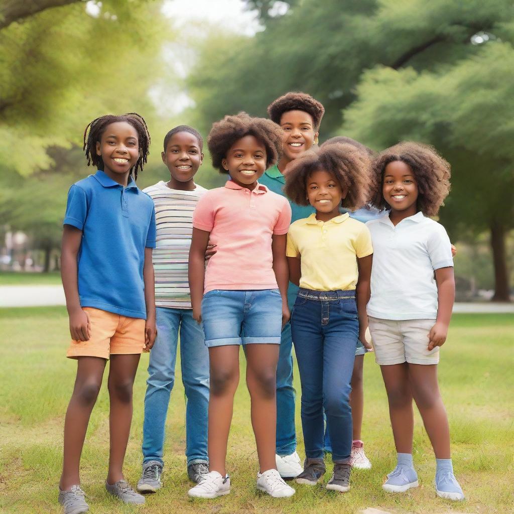 A cheerful group of seven friends, consisting of five boys and two girls, gathered together