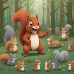 2D illustration showing a cheerful squirrel amidst a throng of joyous woodland animals, all laughing and frolicking in a verdant forest.