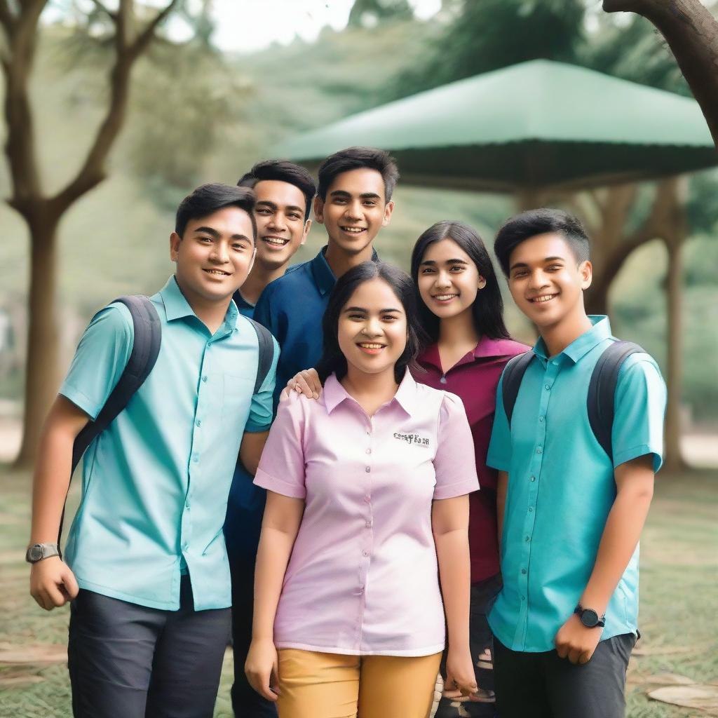 A joyful scene featuring seven friends named Sila, Melati, Faiz, Haikal, Ridwan, Sakti, and Muiz