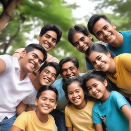 A joyful scene featuring seven friends named Sila, Melati, Faiz, Haikal, Ridwan, Sakti, and Muiz