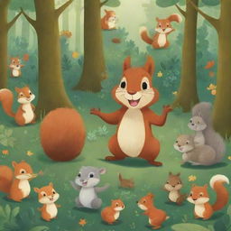 2D illustration showing a cheerful squirrel amidst a throng of joyous woodland animals, all laughing and frolicking in a verdant forest.