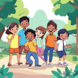 An animated scene featuring seven friends named Sila, Melati, Faiz, Haikal, Ridwan, Sakti, and Muiz