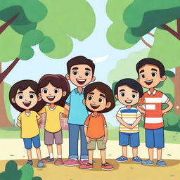 An animated scene featuring seven friends named Sila, Melati, Faiz, Haikal, Ridwan, Sakti, and Muiz