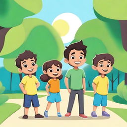 An animated scene featuring seven friends named Sila, Melati, Faiz, Haikal, Ridwan, Sakti, and Muiz