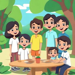 An animated scene featuring seven friends named Sila, Melati, Faiz, Haikal, Ridwan, Sakti, and Muiz