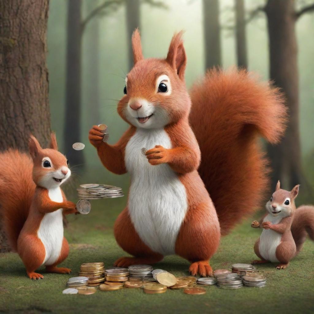 2D illustration of a generous squirrel distributing coins to a collection of enthusiastic forest animals.