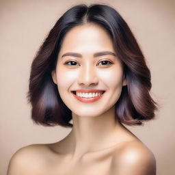 A beautiful woman with shoulder-length hair and yellowish skin tone