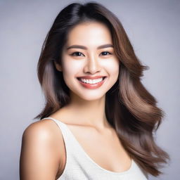 A beautiful woman with shoulder-length hair and yellowish skin tone