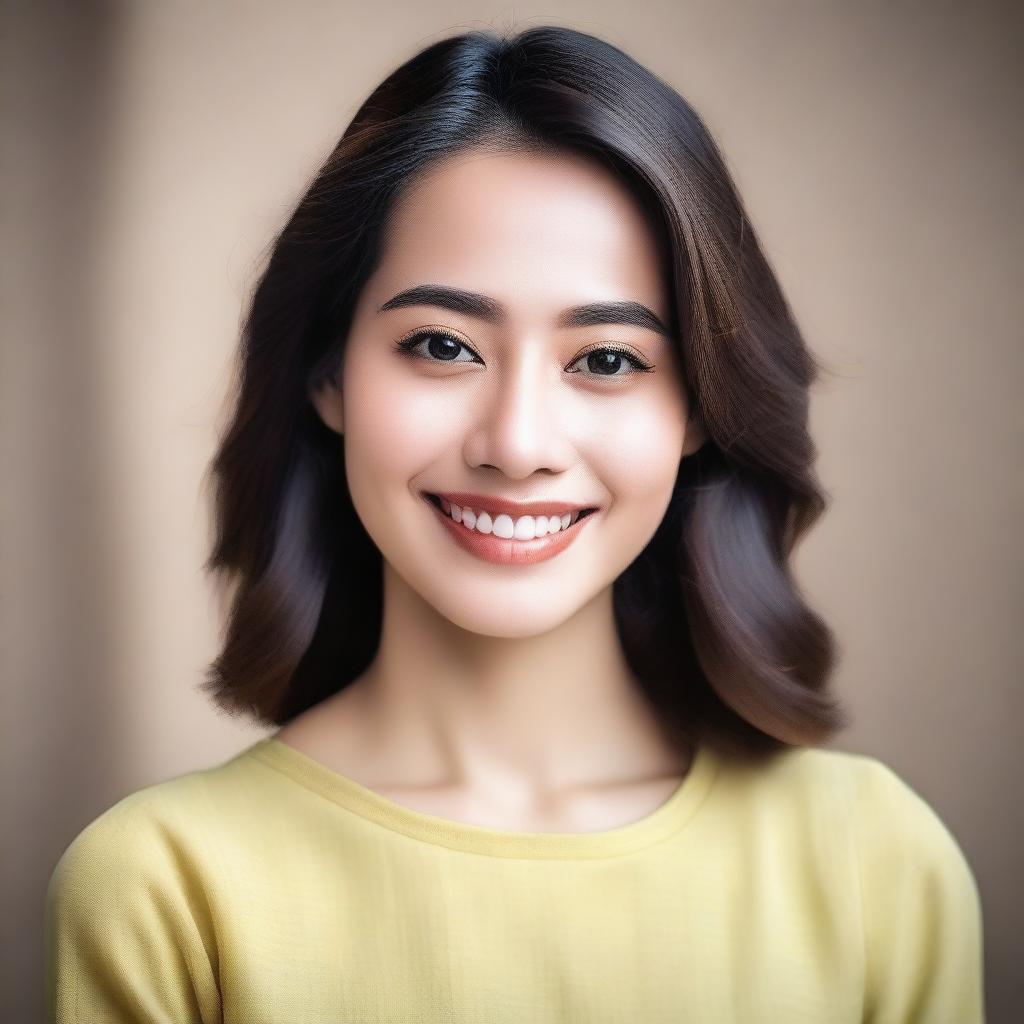 A beautiful woman with shoulder-length hair and yellowish skin tone, wearing modest clothing