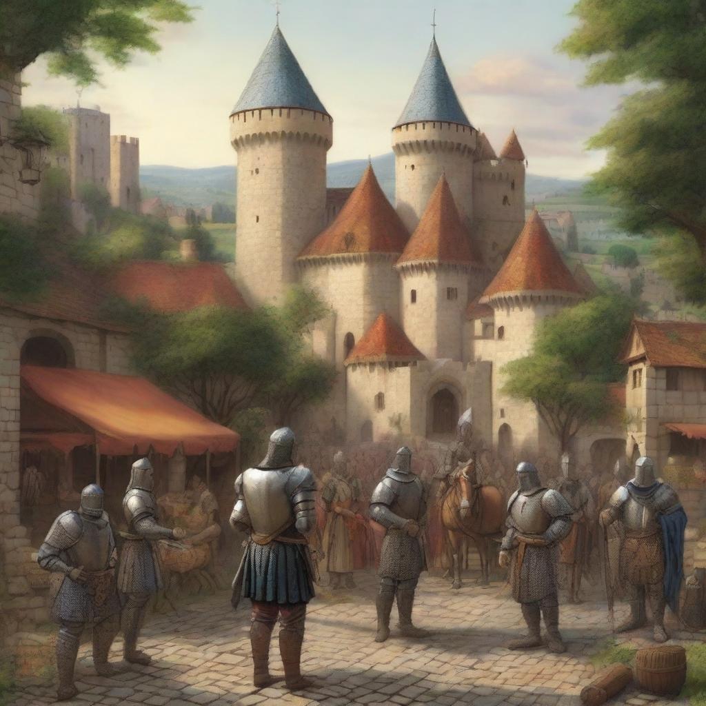 A detailed and vibrant illustration of a medieval scene featuring knights in armor, a castle in the background, and peasants going about their daily lives