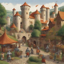 A detailed and vibrant illustration of a medieval scene featuring knights in armor, a castle in the background, and peasants going about their daily lives