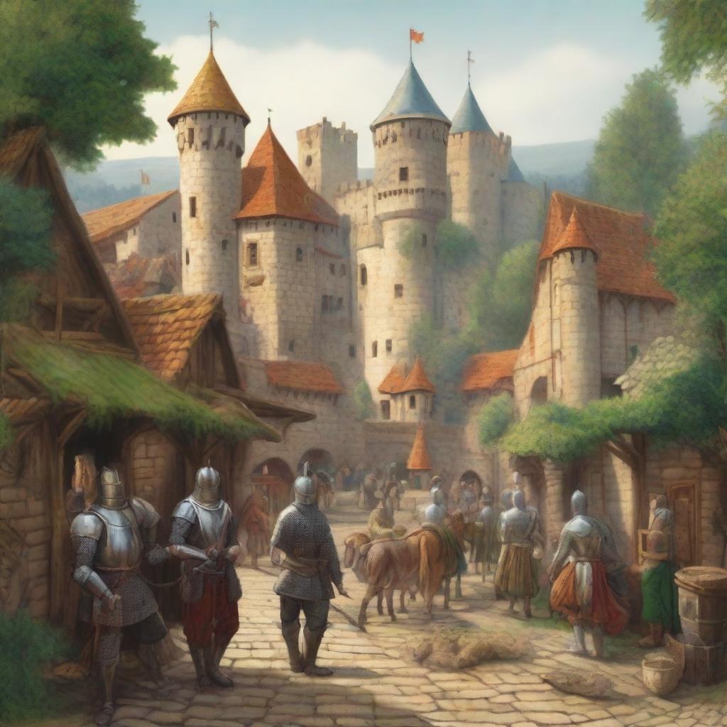 A detailed and vibrant illustration of a medieval scene featuring knights in armor, a castle in the background, and peasants going about their daily lives