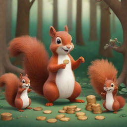 2D illustration of a generous squirrel distributing coins to a collection of enthusiastic forest animals.