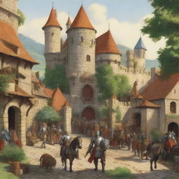 A detailed and vibrant illustration of a medieval scene featuring knights in armor, a castle in the background, and peasants going about their daily lives